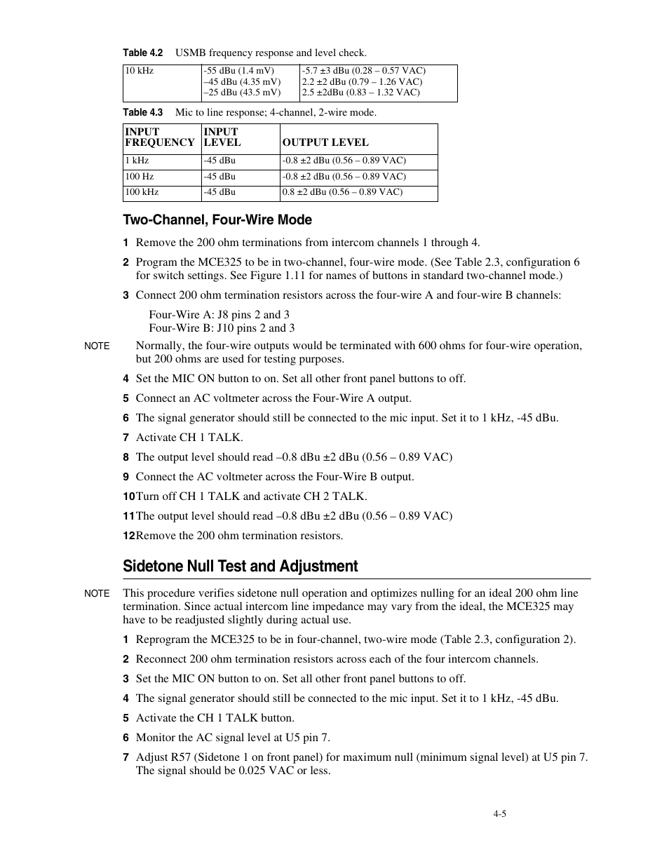 Two-channel, four-wire mode, Sidetone null test and adjustment, Two-channel, four-wire mode -5 | Sidetone null test and adjustment -5 | Telex MCE325 User Manual | Page 43 / 85