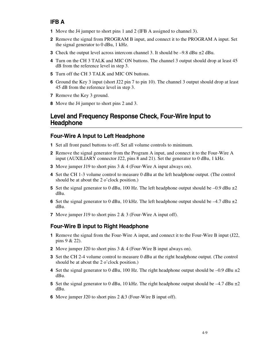 Ifb a, Four-wire a input to left headphone, Four-wire b input to right headphone | Ifb a -9 | Telex MCE325 User Manual | Page 47 / 85
