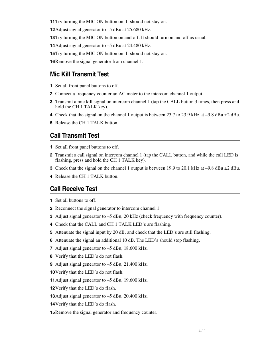 Mic kill transmit test, Call transmit test, Call receive test | Telex MCE325 User Manual | Page 49 / 85