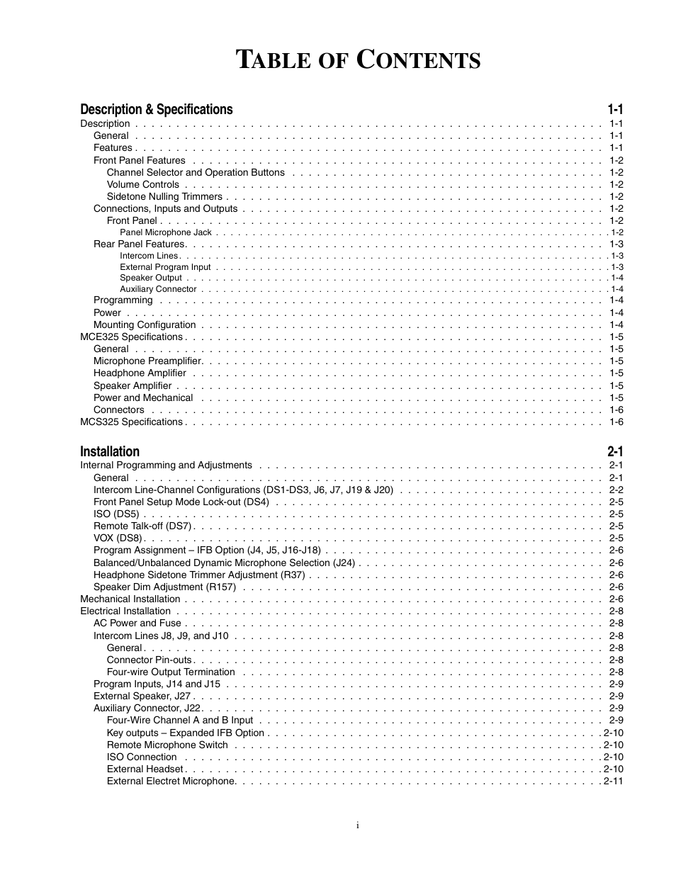 Description & specifications 1 1, Installation 2 1, Able | Ontents | Telex MCE325 User Manual | Page 5 / 85