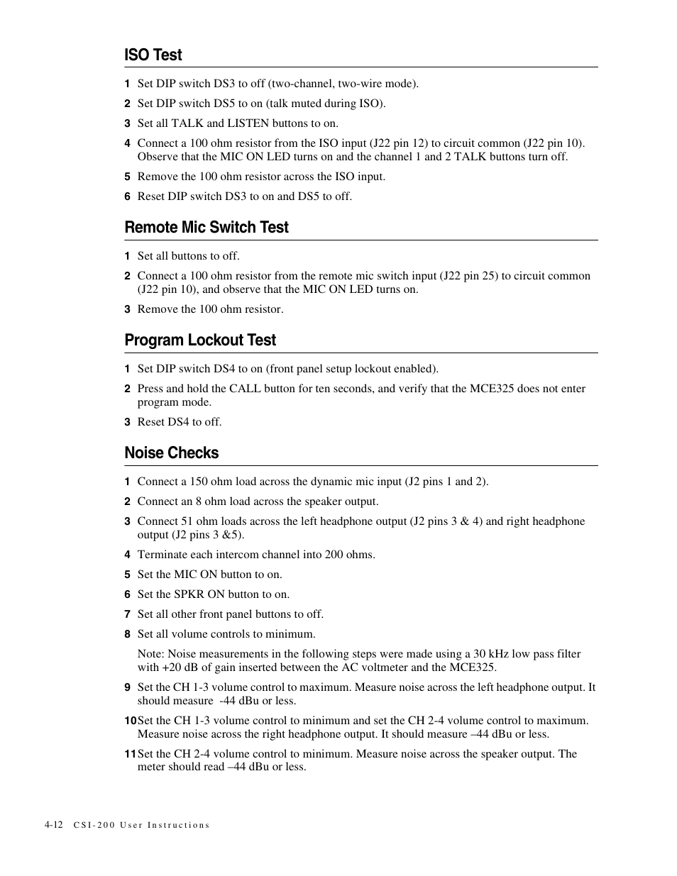 Iso test, Remote mic switch test, Program lockout test | Noise checks | Telex MCE325 User Manual | Page 50 / 85