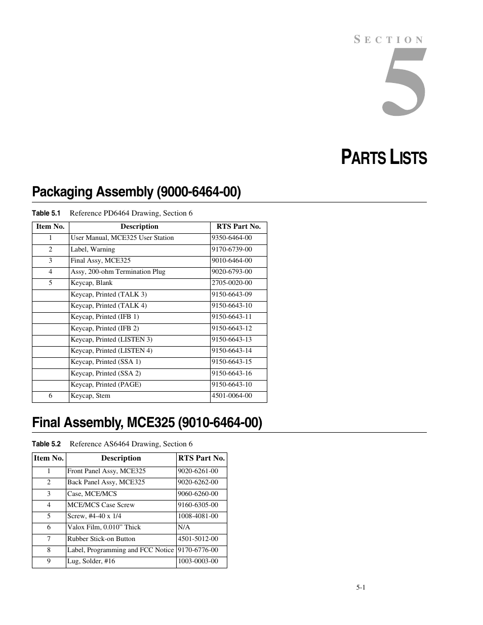 Parts lists, Packaging assembly (9000-6464-00), Final assembly, mce325 (9010-6464-00) | Arts, Ists | Telex MCE325 User Manual | Page 53 / 85