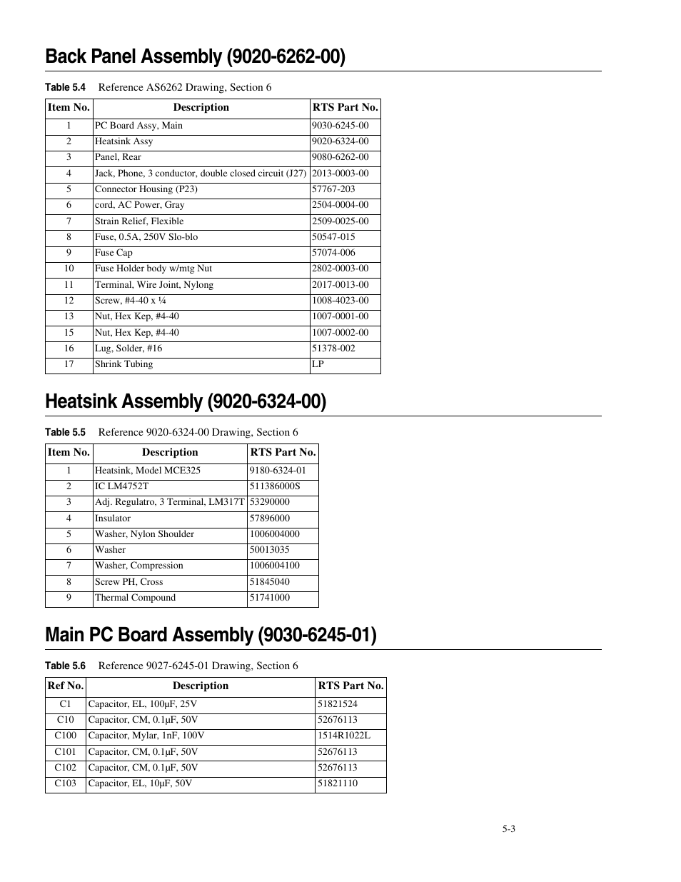 Back panel assembly (9020-6262-00), Heatsink assembly (9020-6324-00), Main pc board assembly (9030-6245-01) | Telex MCE325 User Manual | Page 55 / 85