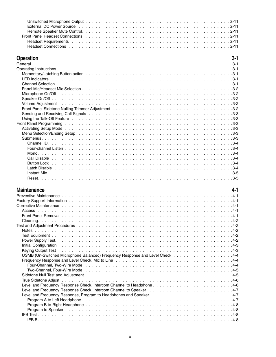 Operation 3 1, Maintenance 4 1, Operation 3-1 | Maintenance 4-1 | Telex MCE325 User Manual | Page 6 / 85