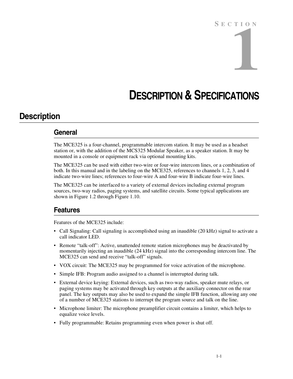 Description & specifications, Description, General | Features, Description -1, General -1 features -1, Escription, Pecifications | Telex MCE325 User Manual | Page 9 / 85