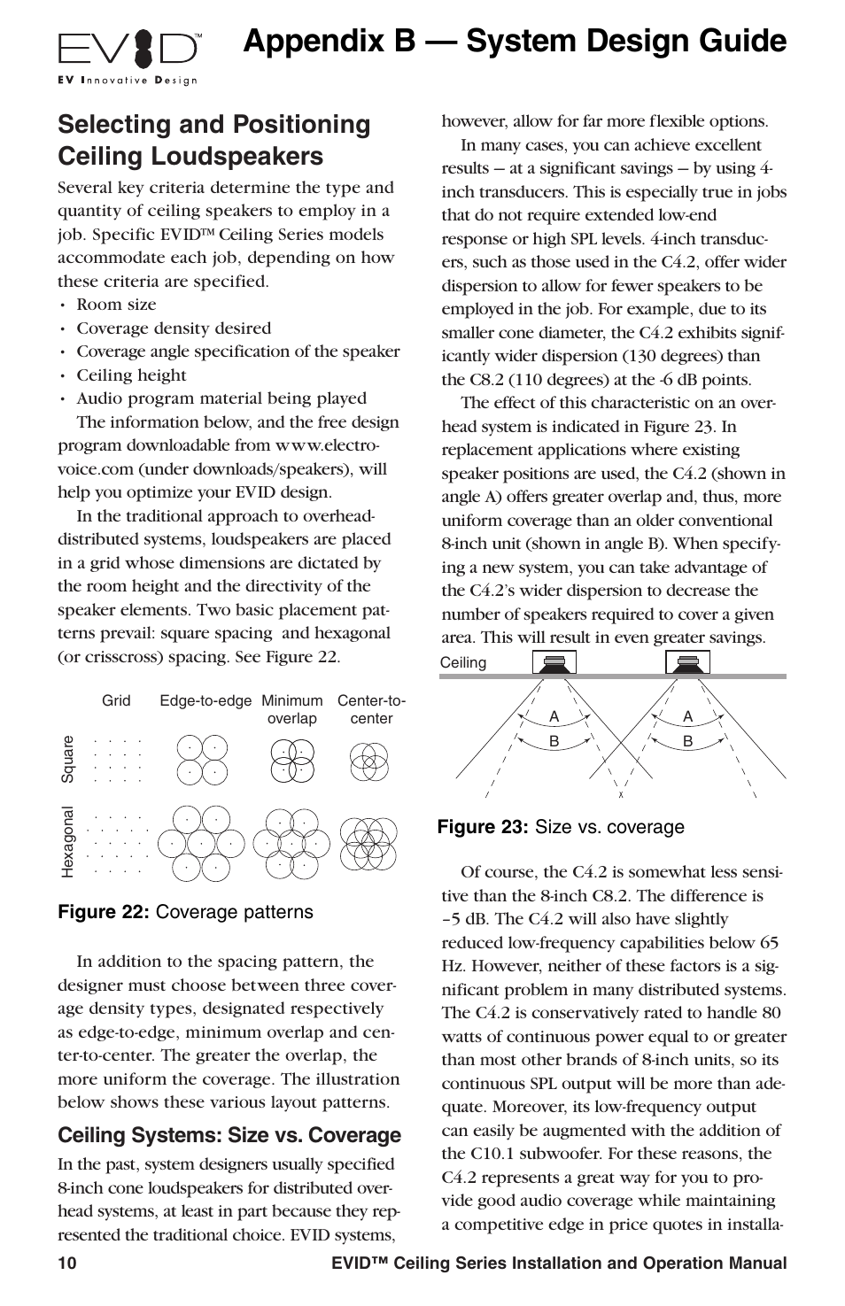 Appendix b — system design guide, Selecting and positioning ceiling loudspeakers, Ceiling systems: size vs. coverage | Telex EVID Ceiling Speaker Systems User Manual | Page 12 / 20