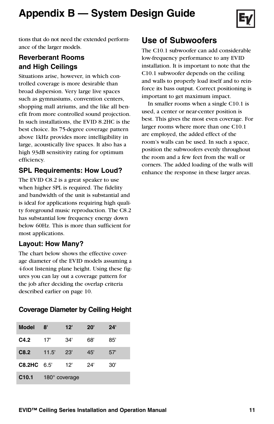 Appendix b — system design guide, Use of subwoofers, Reverberant rooms and high ceilings | Spl requirements: how loud, Layout: how many, Coverage diameter by ceiling height | Telex EVID Ceiling Speaker Systems User Manual | Page 13 / 20