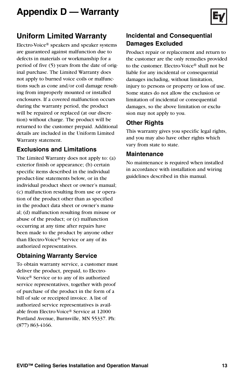 Appendix d — warranty, Uniform limited warranty, Exclusions and limitations | Obtaining warranty service, Incidental and consequential damages excluded, Other rights, Maintenance | Telex EVID Ceiling Speaker Systems User Manual | Page 15 / 20