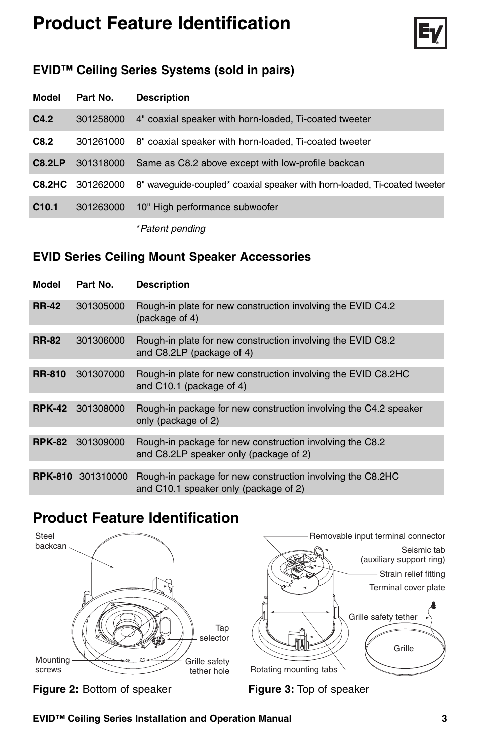 Product feature identification, Evid™ ceiling series systems (sold in pairs), Evid series ceiling mount speaker accessories | Telex EVID Ceiling Speaker Systems User Manual | Page 5 / 20