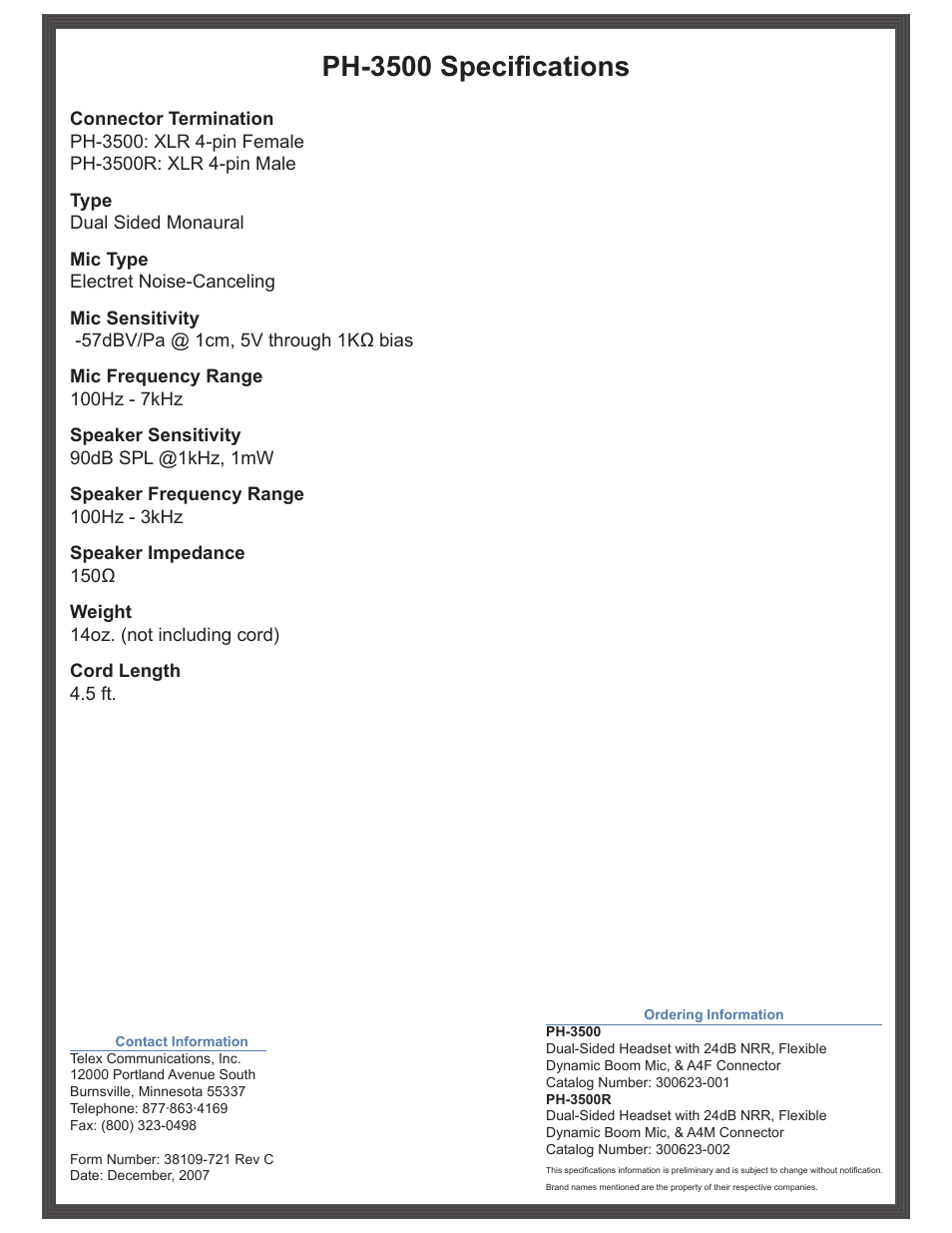 Ph-3500 specifications | Telex PH-3500 User Manual | Page 2 / 2