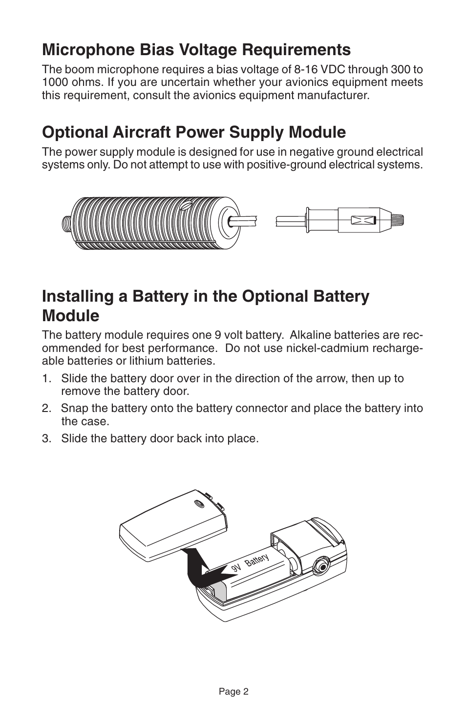 Microphone bias voltage requirements, Optional aircraft power supply module | Telex ANRTM 150 User Manual | Page 4 / 12