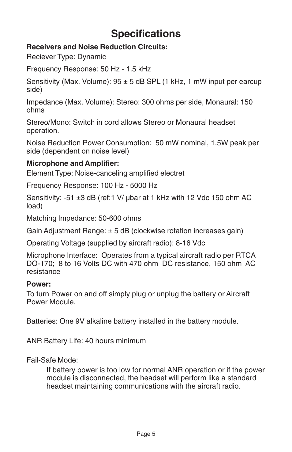 Specifications | Telex ANRTM 150 User Manual | Page 7 / 12