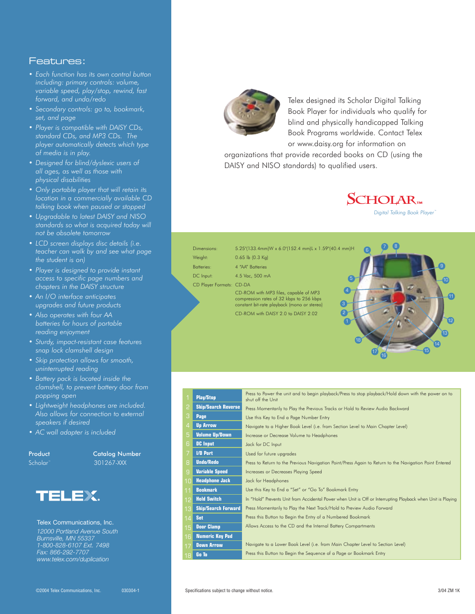 Features | Telex Scholar User Manual | Page 2 / 2