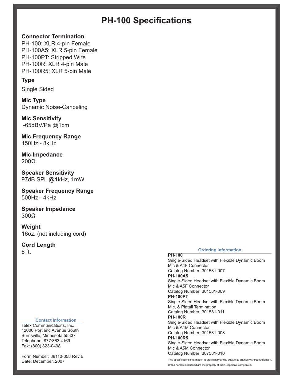 Ph-100 specifications | Telex PH-100 User Manual | Page 2 / 2