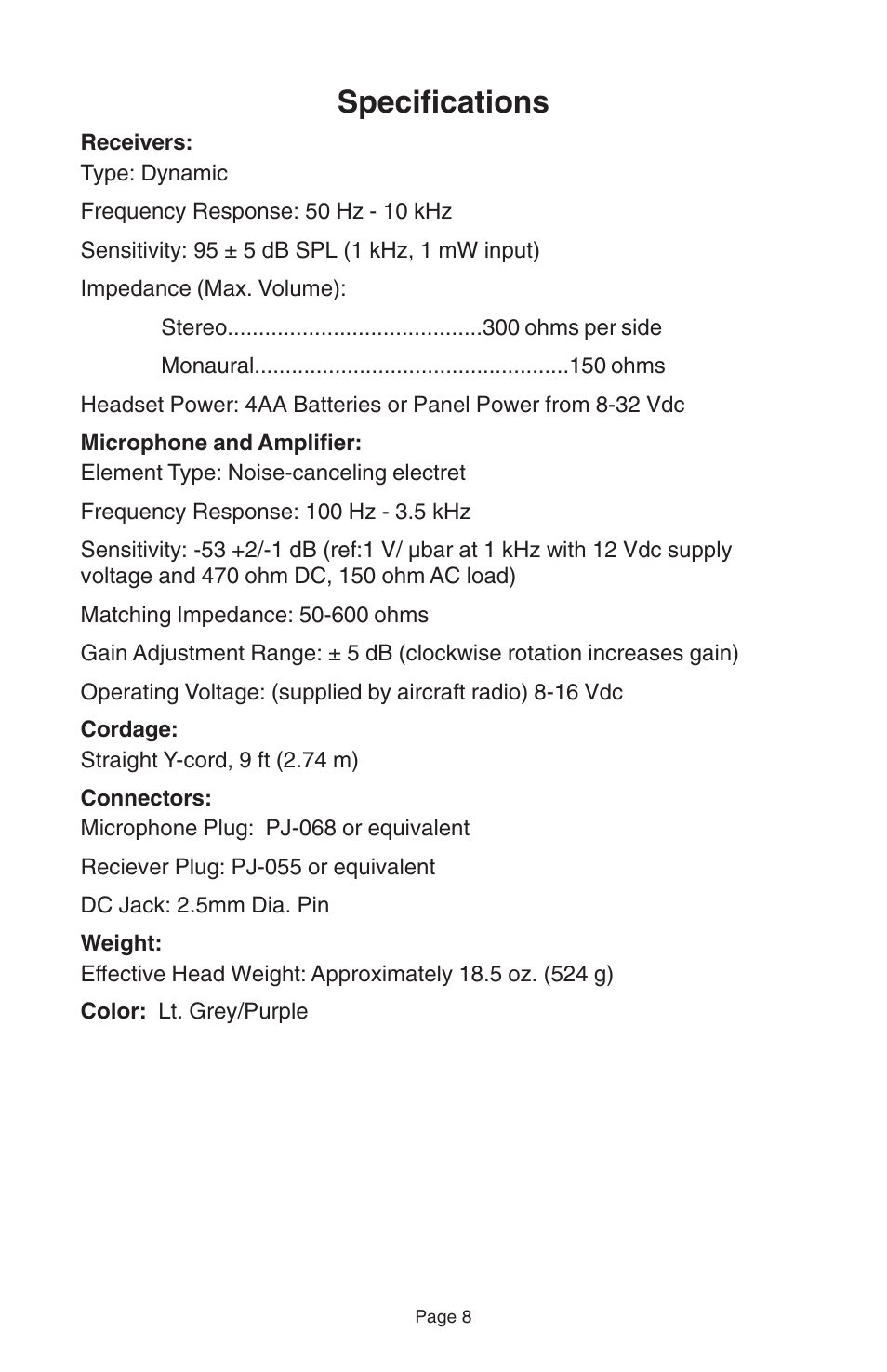 Specifications | Telex STRATUS 50-D User Manual | Page 10 / 16