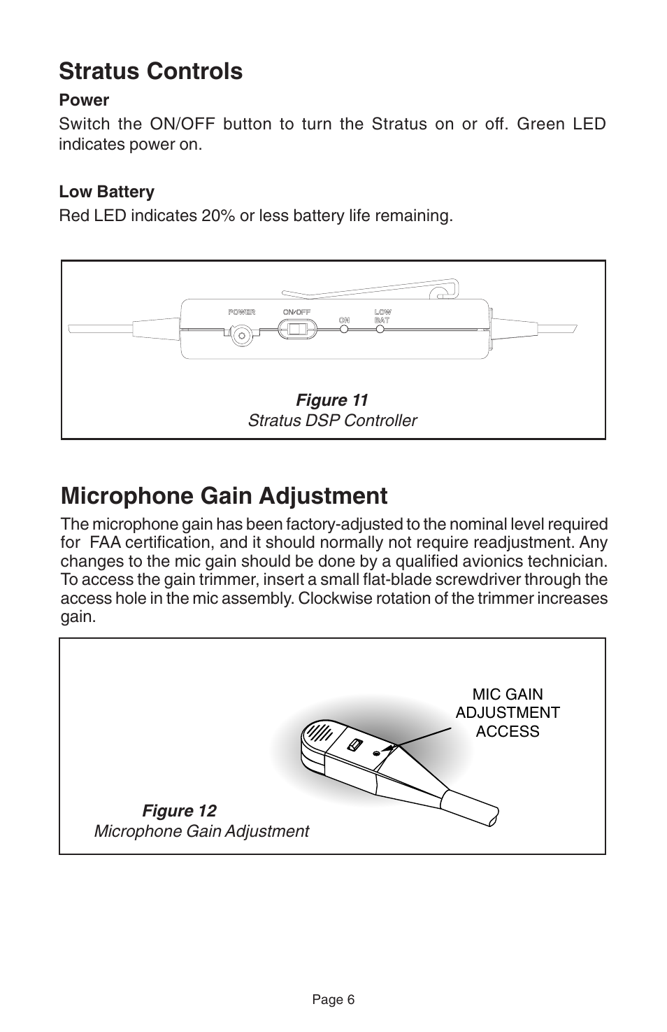 Stratus controls, Microphone gain adjustment | Telex STRATUS 50-D User Manual | Page 8 / 16