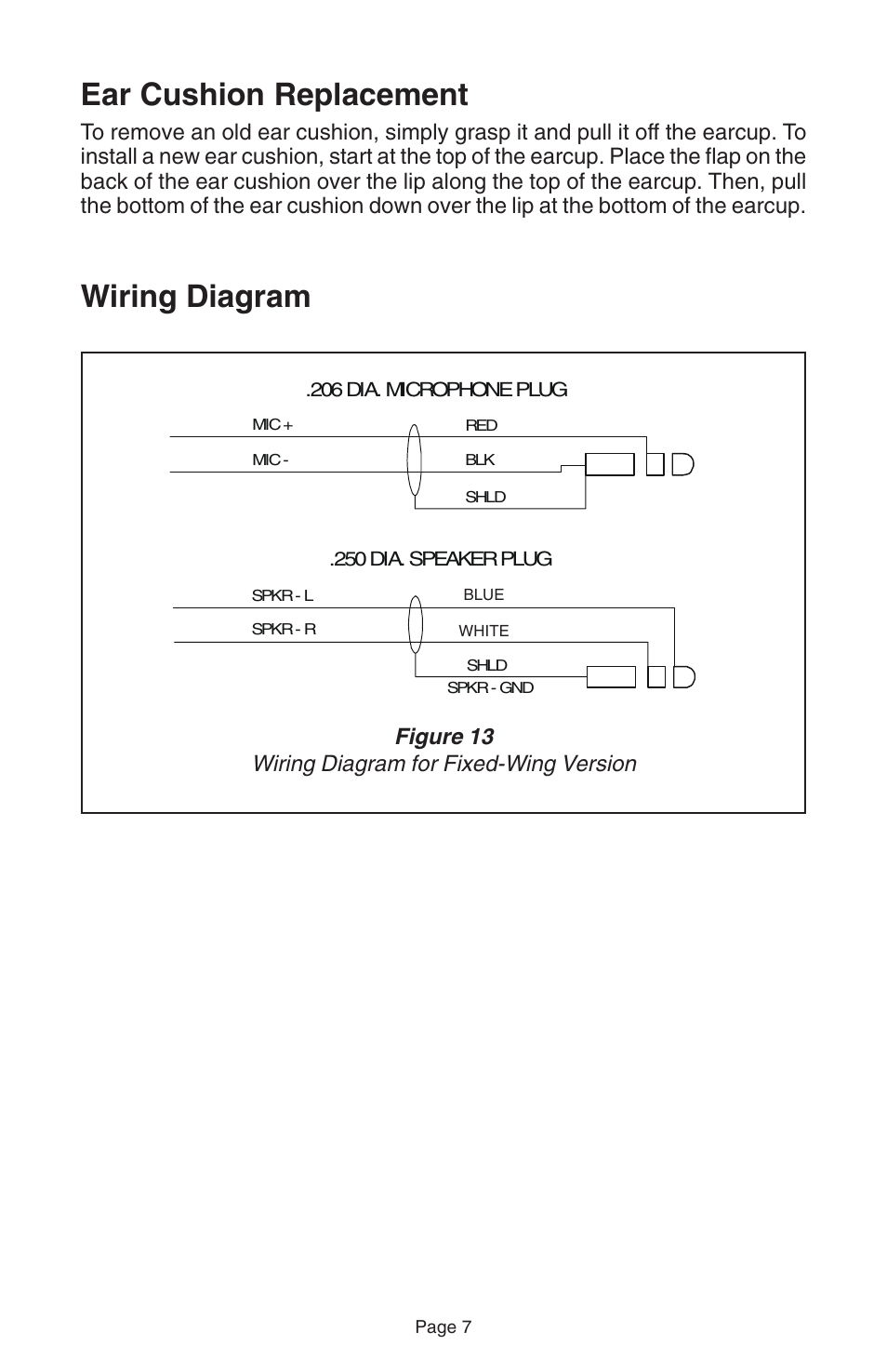 Ear cushion replacement, Wiring diagram, Figure 13 wiring diagram for fixed-wing version | Telex STRATUS 50-D User Manual | Page 9 / 16