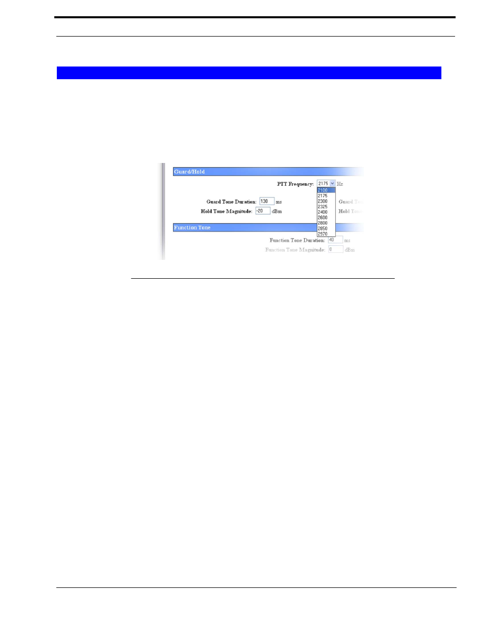 Guard hold, Ptt frequency drop down menu, Guard tone duration field | Guard tone magnitude field, Hold tone magnitude field, Hold tone hangtime field, Ptt f, Requency, Uard, Uration | Telex IP-223 User Manual | Page 111 / 136