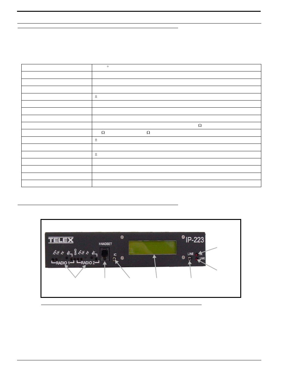 Ip-223 specifications, Front panel, Test and adjustment points | Ip-223 specifications front panel, Djustment, Oints, Figure 3. ip-223 front panel, Table 66. ip-223 specifications | Telex IP-223 User Manual | Page 14 / 136
