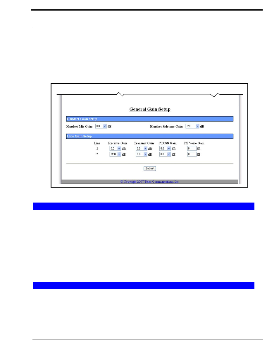General gain setup, Handset gain setup, Handset mic gain drop down menu | Handset sidetone gain drop down menu, Line gain setup, Receive gain drop down menu, Andset, Idetone, Eceive, Figure 17. general gain setup window | Telex IP-223 User Manual | Page 45 / 136