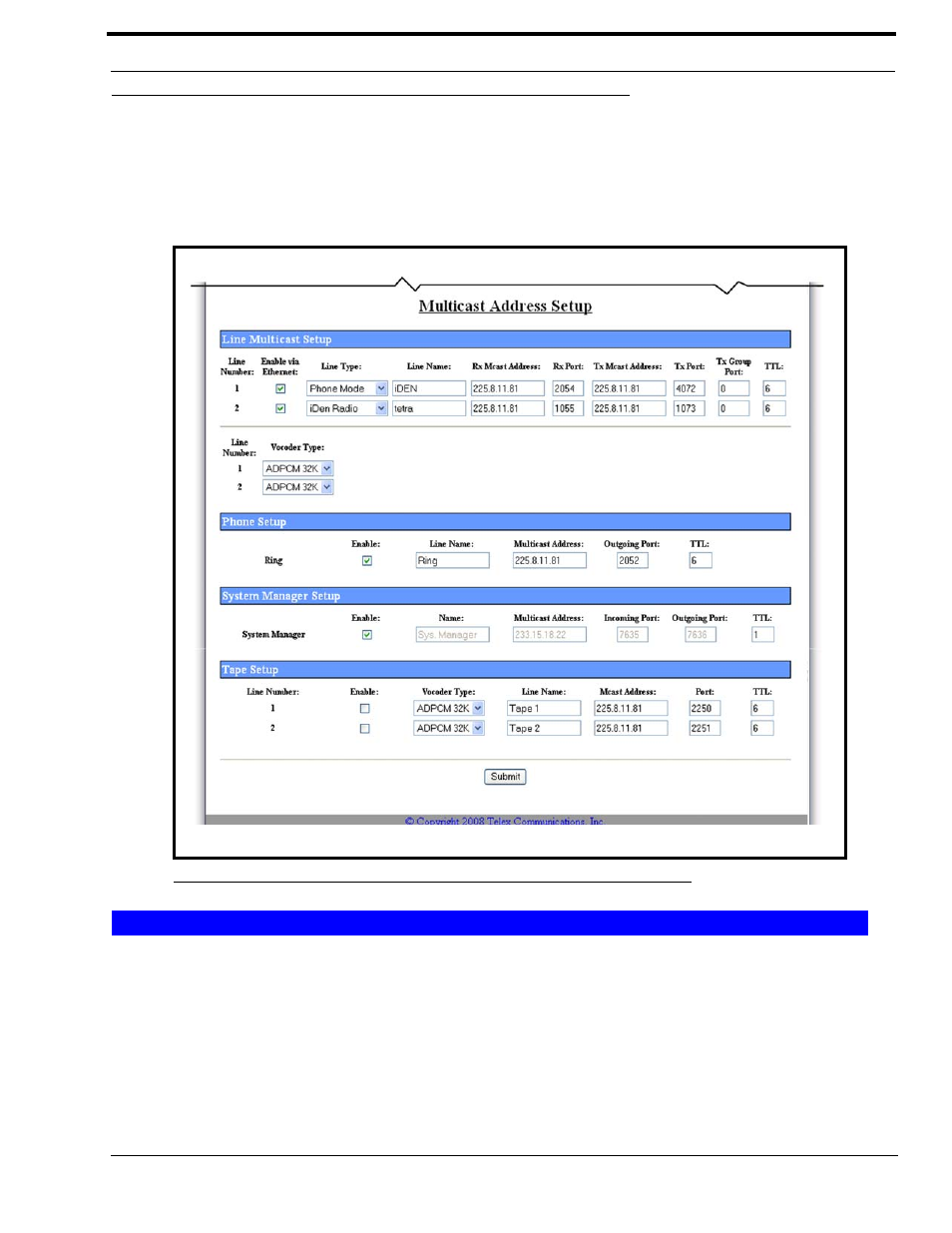 Multicast address setup window, Line multicast setup, Line number field | Enable via ethernet check box, Umber, Ield, Nable, Thernet, Heck, Figure 18. multicast address setup | Telex IP-223 User Manual | Page 47 / 136