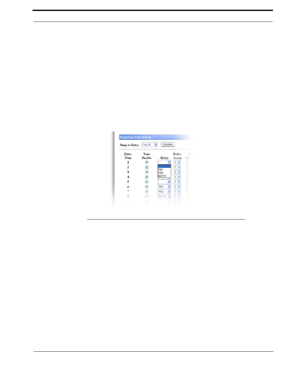 Tone enable check box, Relay drop down menu, Relay group drop down menu | Relay time (ms) field, Nable, Heck, Elay, Roup, Ield, Figure 23. relay drop down menu—per line setup | Telex IP-223 User Manual | Page 57 / 136