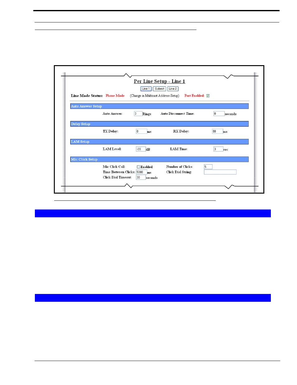 Per line setup window-phone mode configuration, Auto answer setup, Delay setup | Tx delay field, Per line setup window, Auto answer field auto disconnect time field, Tx d, Elay, Ield, Figure 30. per line setup - phone mode (view 1) | Telex IP-223 User Manual | Page 67 / 136