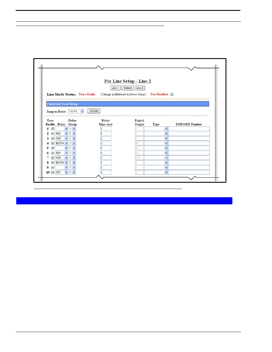 Per line setup window-tetra radio configuration, Function tone setup, Jump to entry drop down menu | Update button, Tone enable check box, Per line setup window, Ntry, Pdate, Utton, Nable | Telex IP-223 User Manual | Page 82 / 136