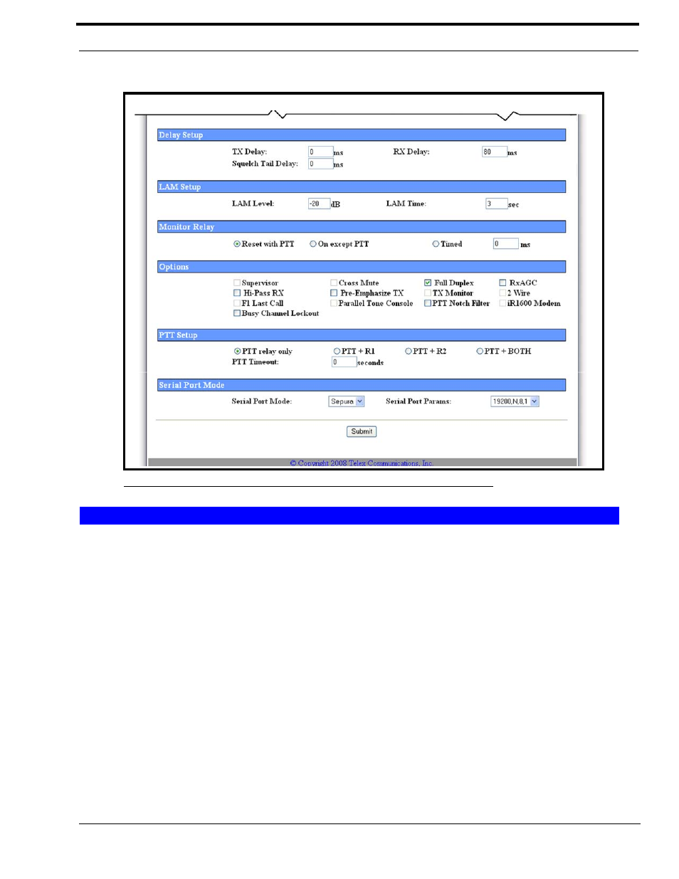 Delay setup, Tx delay field, Rx delay field | Tx d, Elay, Ield, Rx d, Figure 43. per line setup - tetra mode (view 2) | Telex IP-223 User Manual | Page 85 / 136