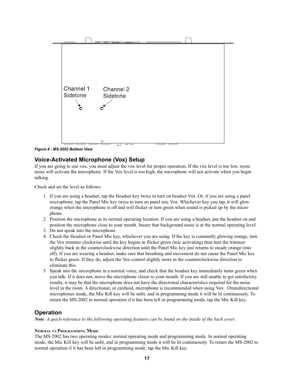 Voice-activated microphone (vox) setup, Operation | Telex MS2002 User Manual | Page 17 / 24