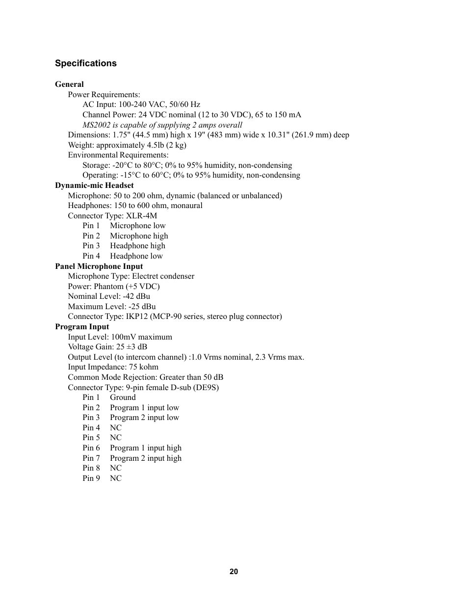 Telex MS2002 User Manual | Page 20 / 24