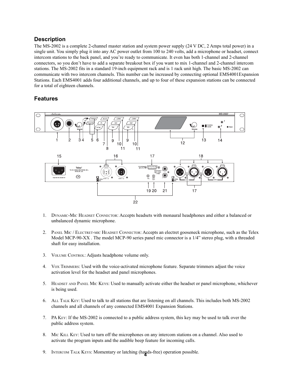 Description, Features | Telex MS2002 User Manual | Page 4 / 24