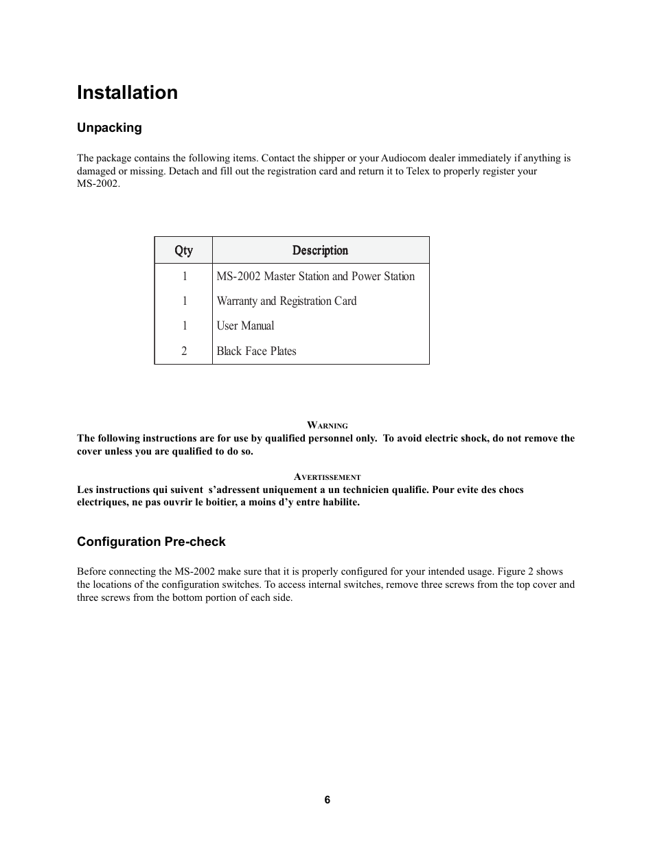 Installation | Telex MS2002 User Manual | Page 6 / 24