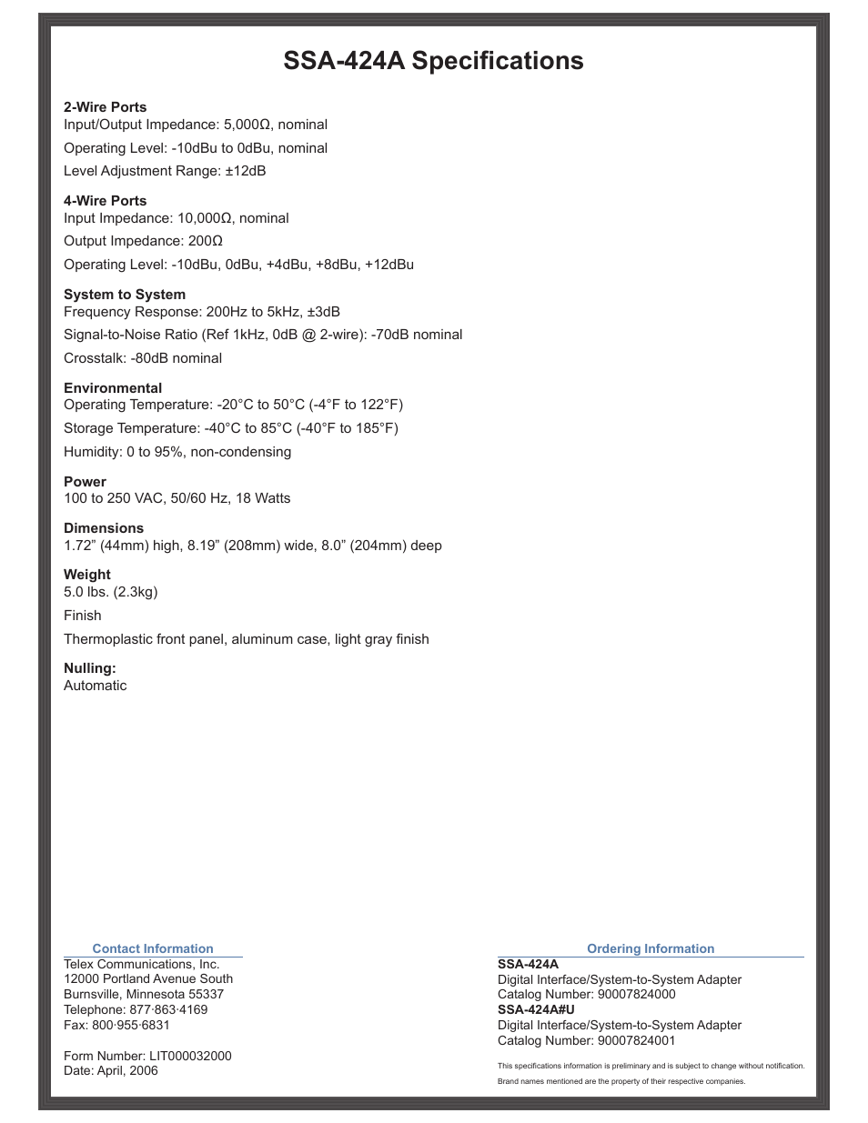 Ssa-424a specifications | Telex SSA-424A User Manual | Page 2 / 2