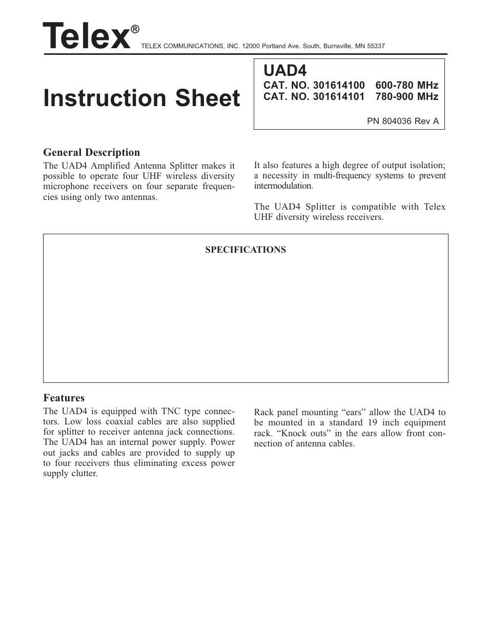 Telex UAD4 User Manual | 8 pages