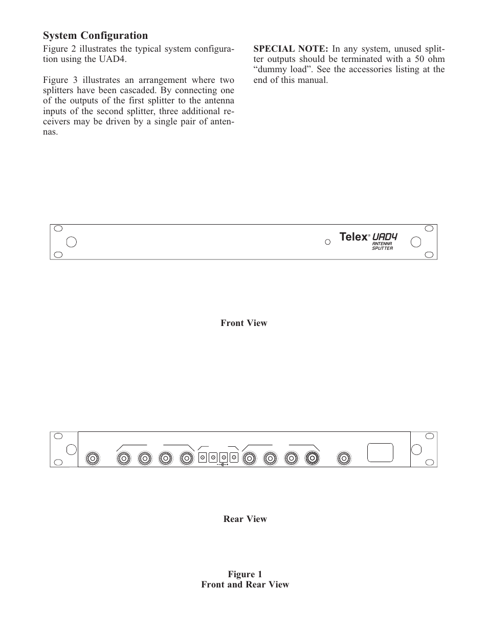 Telex, System configuration, Uad4 | Figure 1 front and rear view front view rear view | Telex UAD4 User Manual | Page 2 / 8