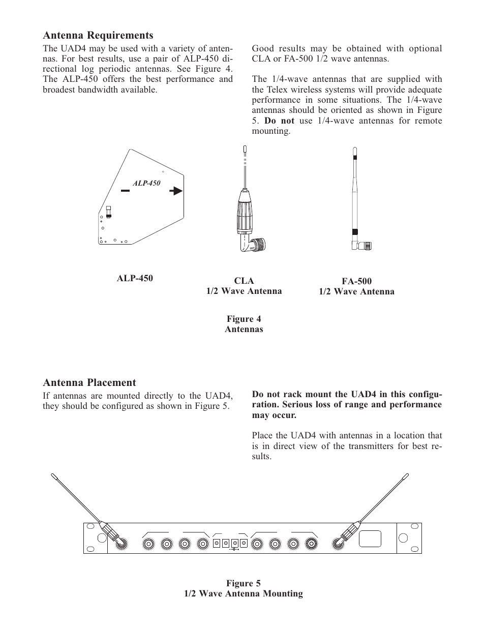 Telex, Antenna requirements, Antenna placement | Alp-450 | Telex UAD4 User Manual | Page 4 / 8