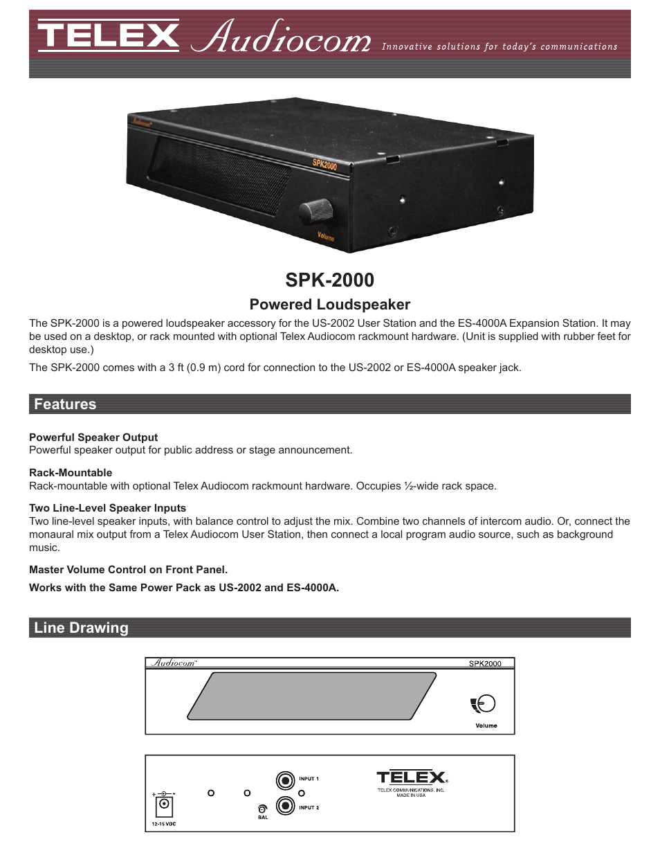 Telex SPK-2000 User Manual | 2 pages