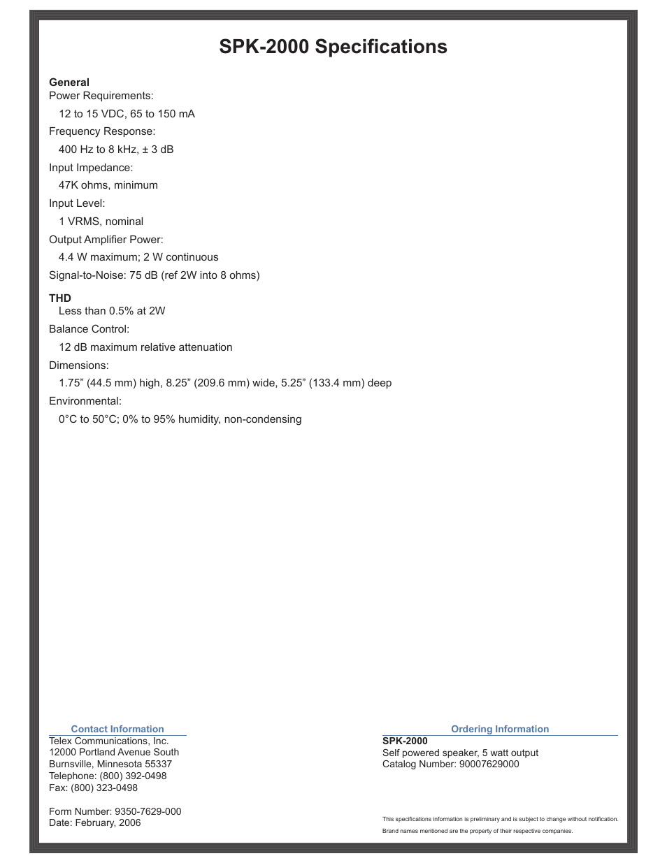 Spk-2000 specifications | Telex SPK-2000 User Manual | Page 2 / 2