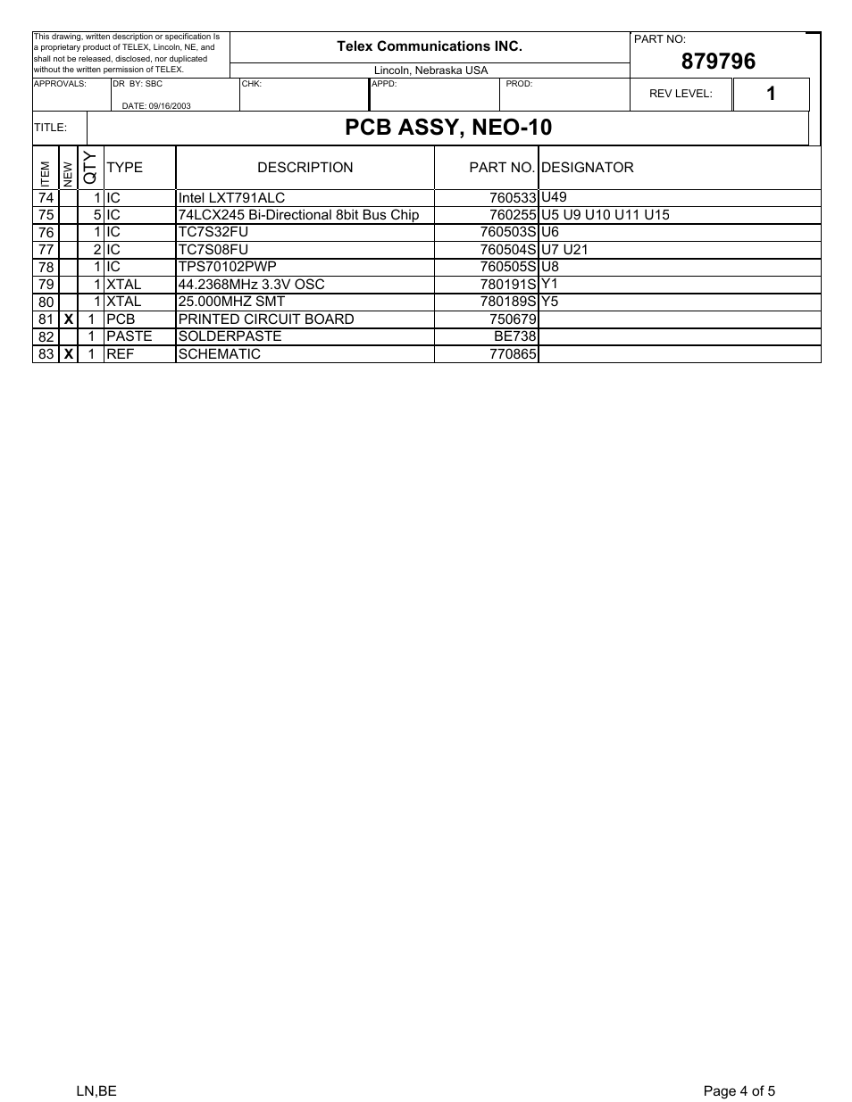 Pcb assy, neo-10, Qt y | Telex NEO-10 User Manual | Page 21 / 26