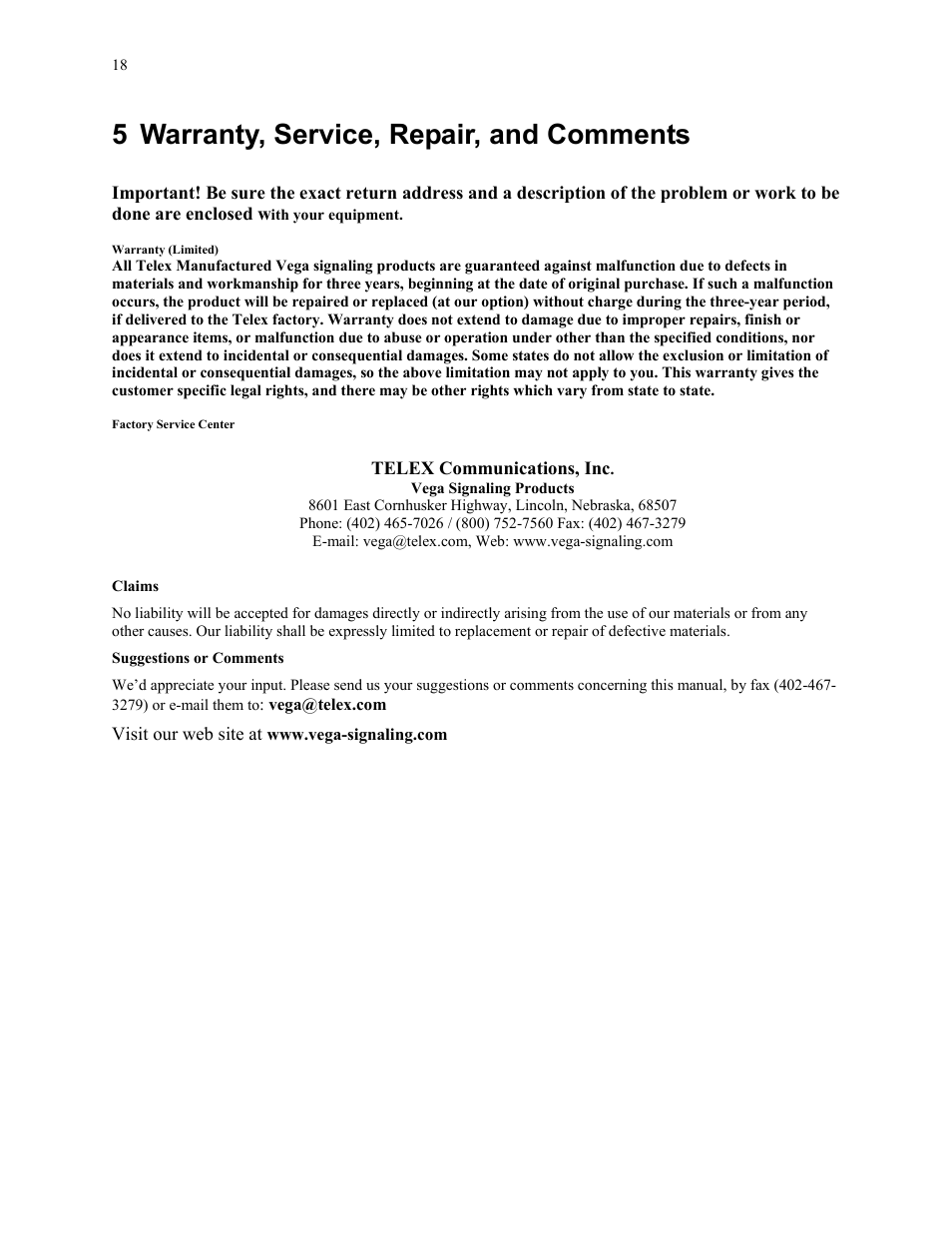 5 warranty, service, repair, and comments | Telex NEO-10 User Manual | Page 26 / 26