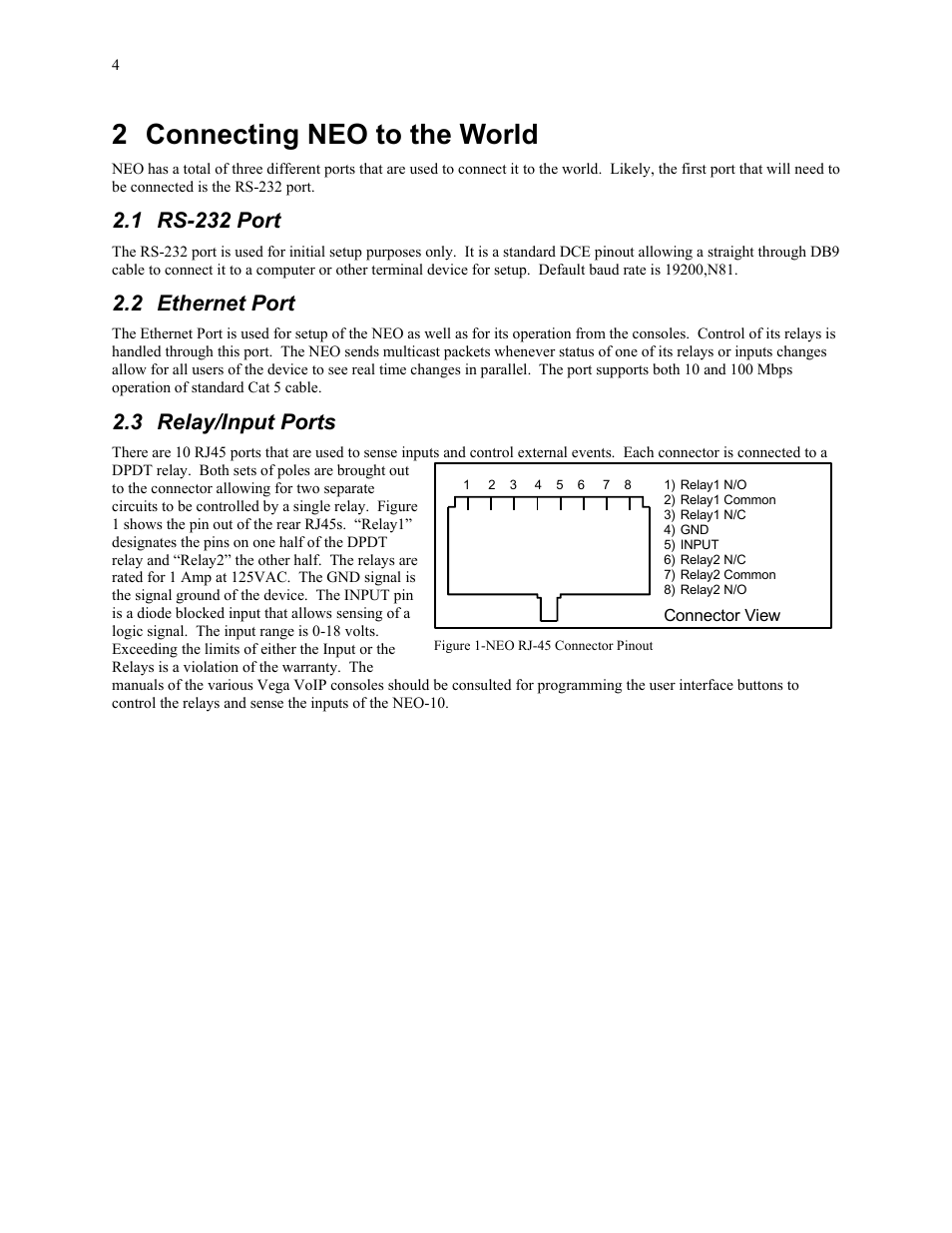 2 connecting neo to the world, 1 rs-232 port, 2 ethernet port | 3 relay/input ports | Telex NEO-10 User Manual | Page 4 / 26