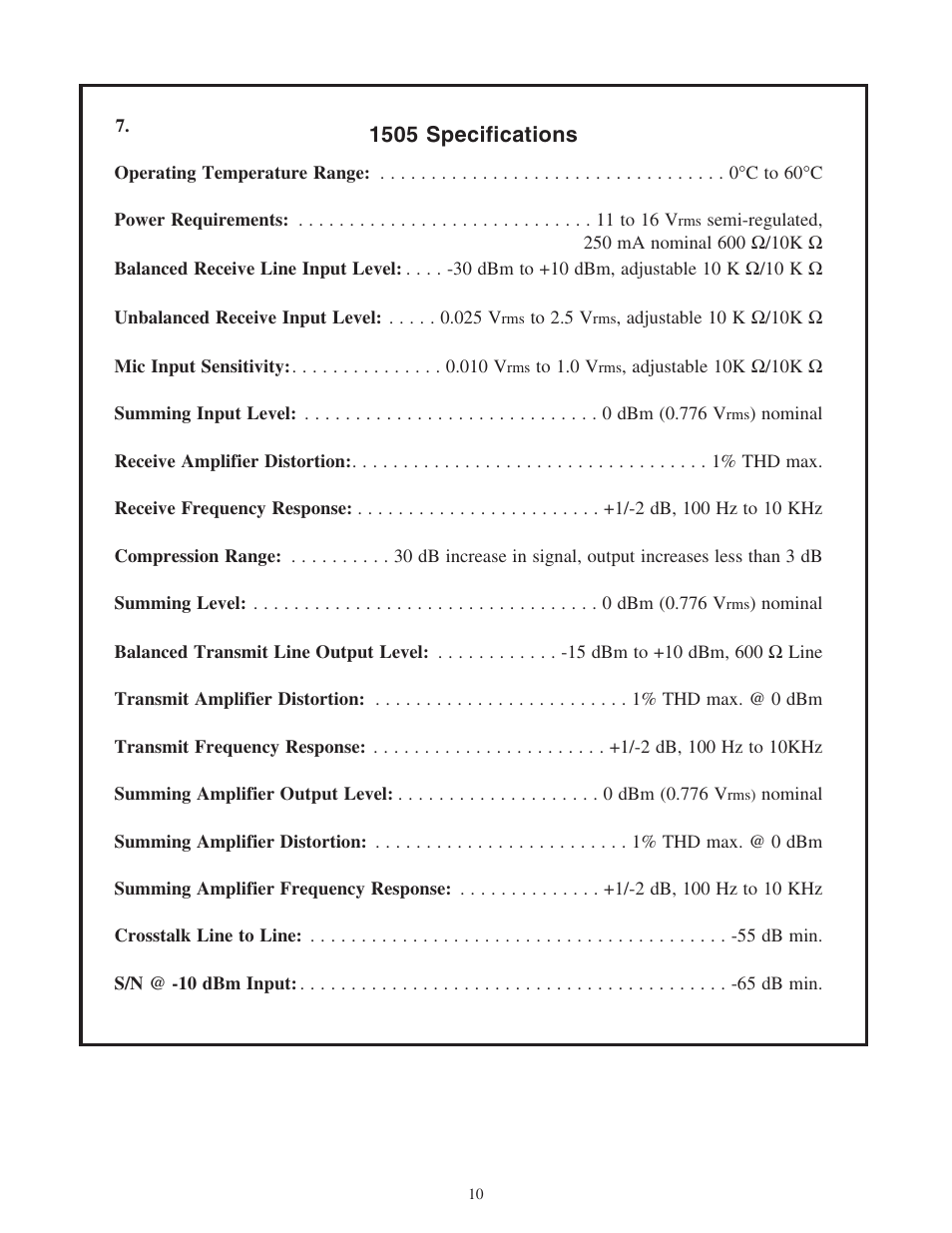 1505 specifications | Telex 1505 User Manual | Page 13 / 17