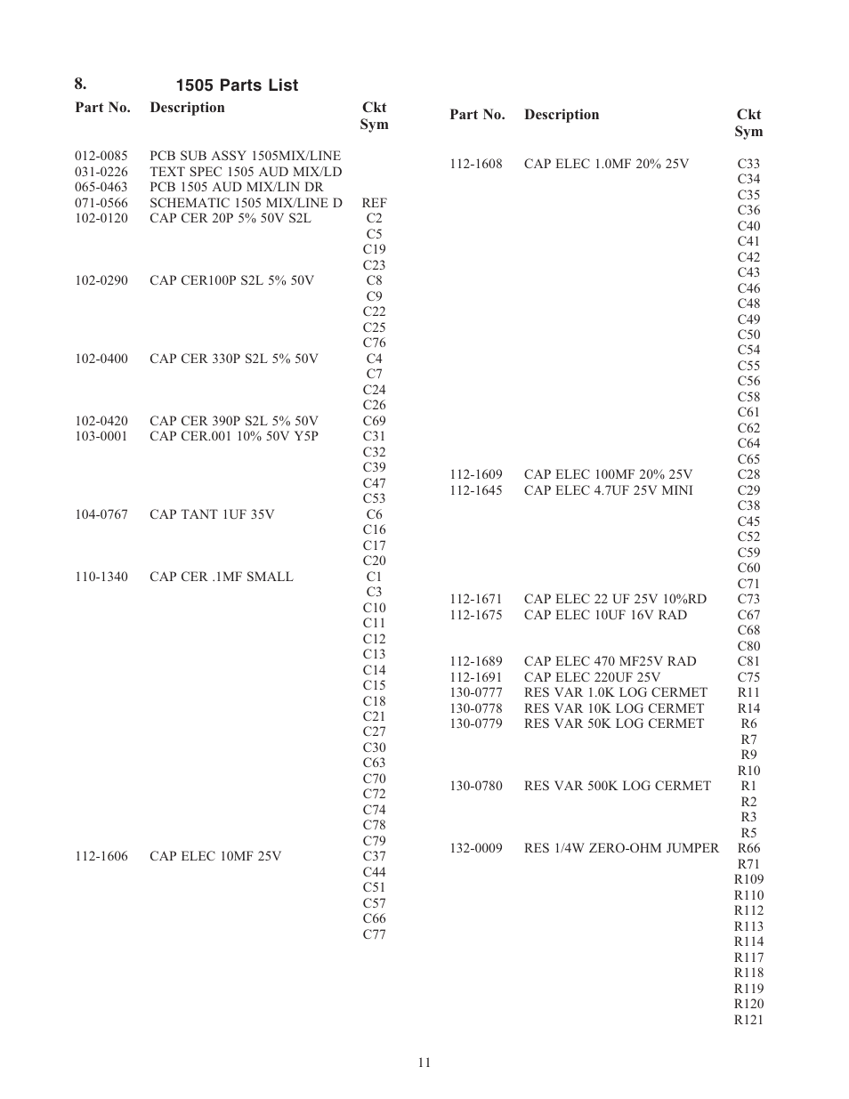 1505 parts list | Telex 1505 User Manual | Page 14 / 17