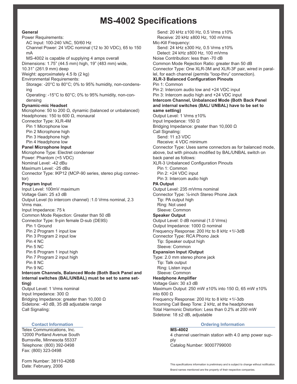 Ms-4002 specifications | Telex MS-4002 User Manual | Page 2 / 2