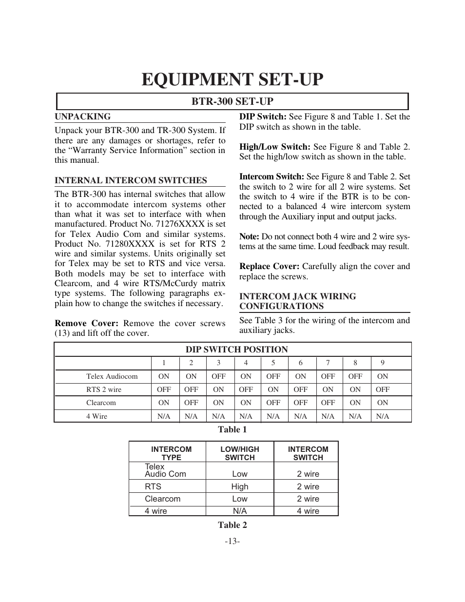 Equipment set-up, Btr-300 set-up | Telex TR-300 User Manual | Page 15 / 38