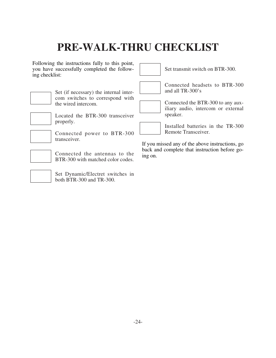 Pre-walk-thru checklist | Telex TR-300 User Manual | Page 26 / 38