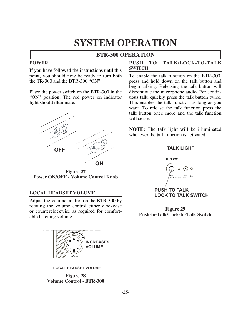 System operation, Btr-300 operation, Off on | Telex TR-300 User Manual | Page 27 / 38