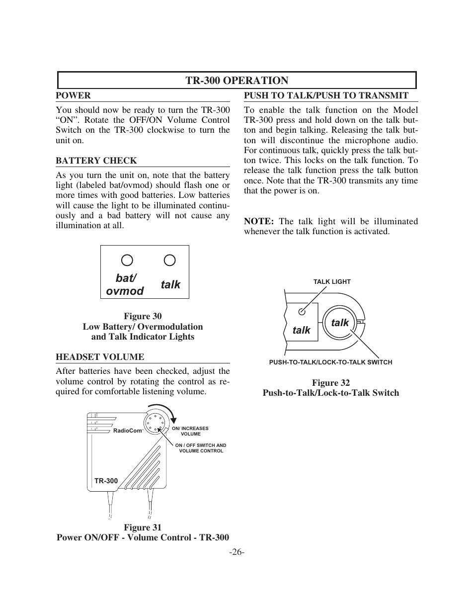 Bat/ ovmod talk, Tr-300 operation, Talk | Telex TR-300 User Manual | Page 28 / 38