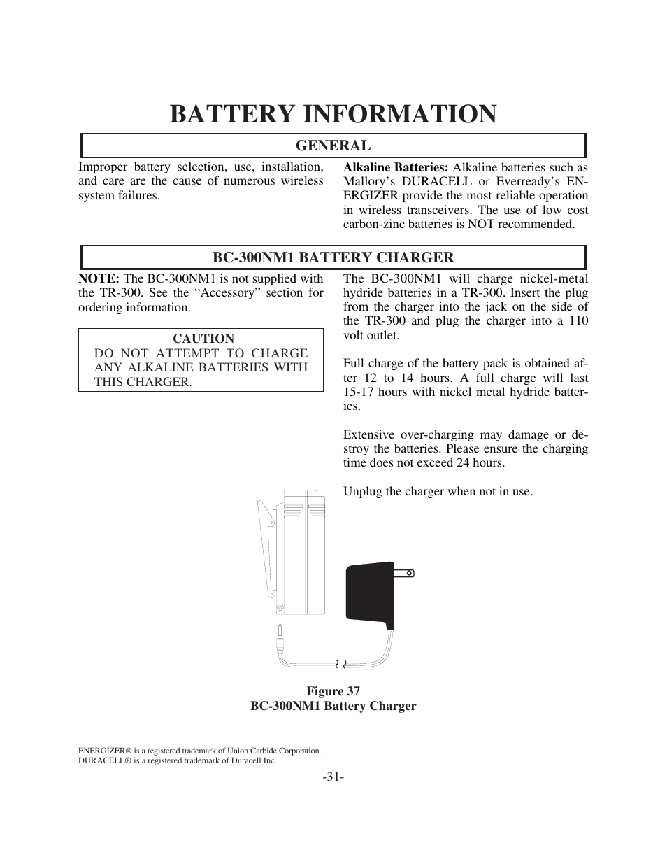 Battery information | Telex TR-300 User Manual | Page 33 / 38